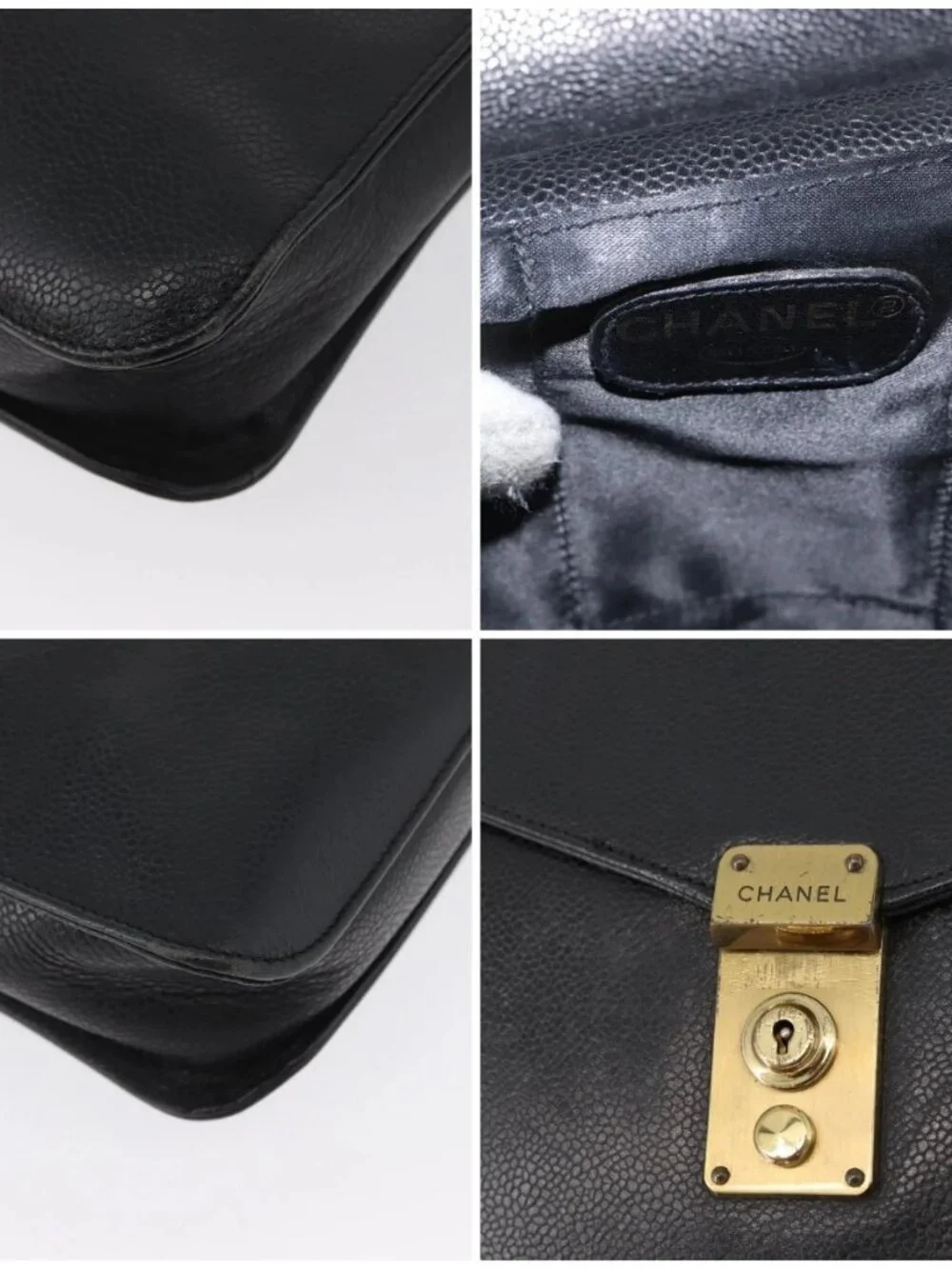 CHANEL Business Bag Grained Calf Skin Black Gold CC Auth ka2603